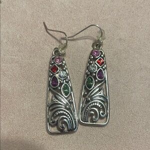 Silver and Red Filigree Earrings with Crystals